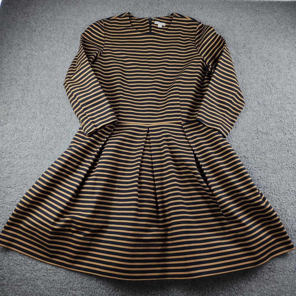 Gap‎ Women 14 Fit and Flare Dress Camel Navy Blue Striped 3/4 Sleeve Pockets